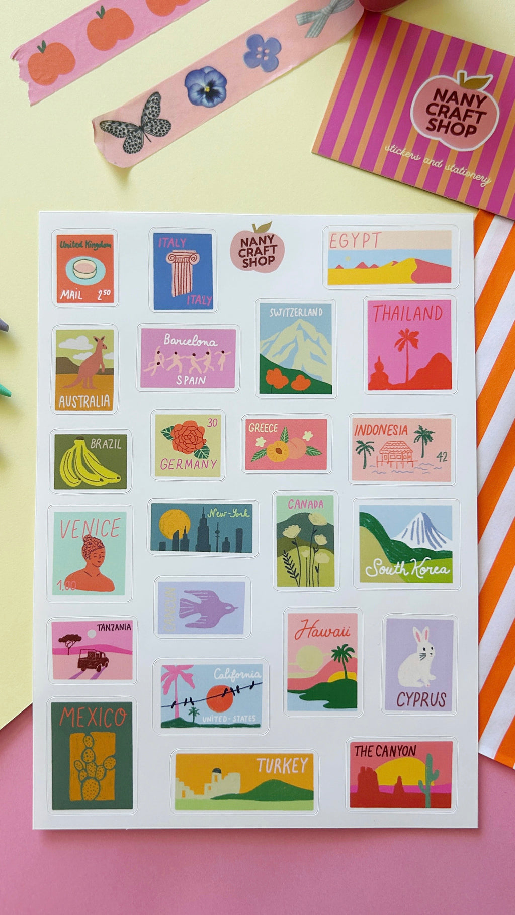 Planche stickers timbres du monde A5 🌍