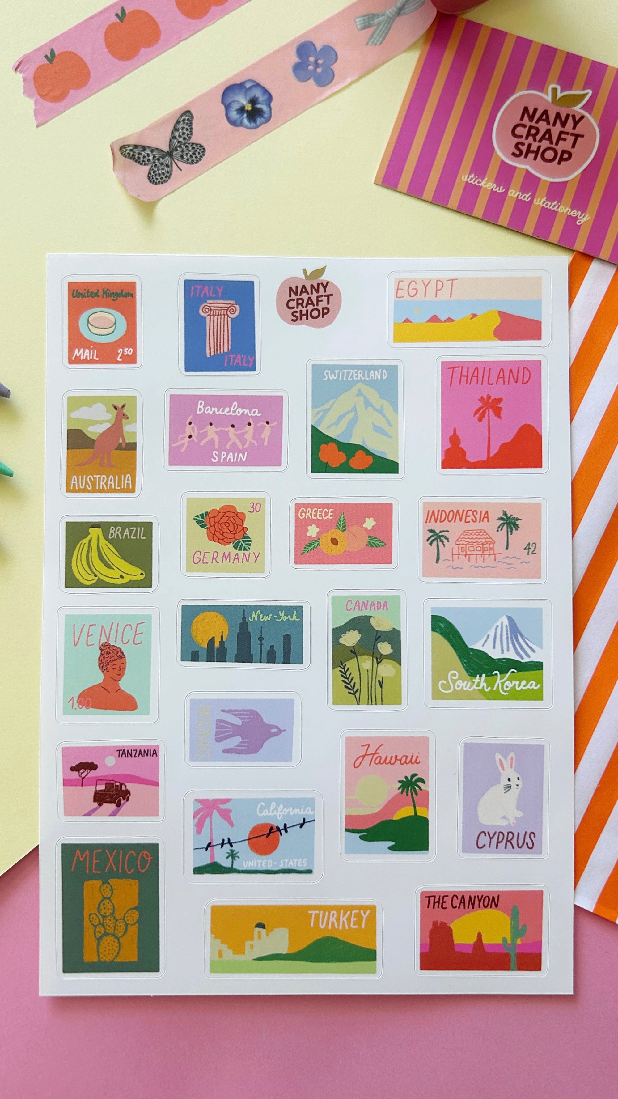 Planche stickers timbres du monde A5 🌍