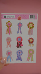 Planche de stickers illustrés représentant neuf rosettes colorées pour journaling et papeterie par Nany Craft Shop