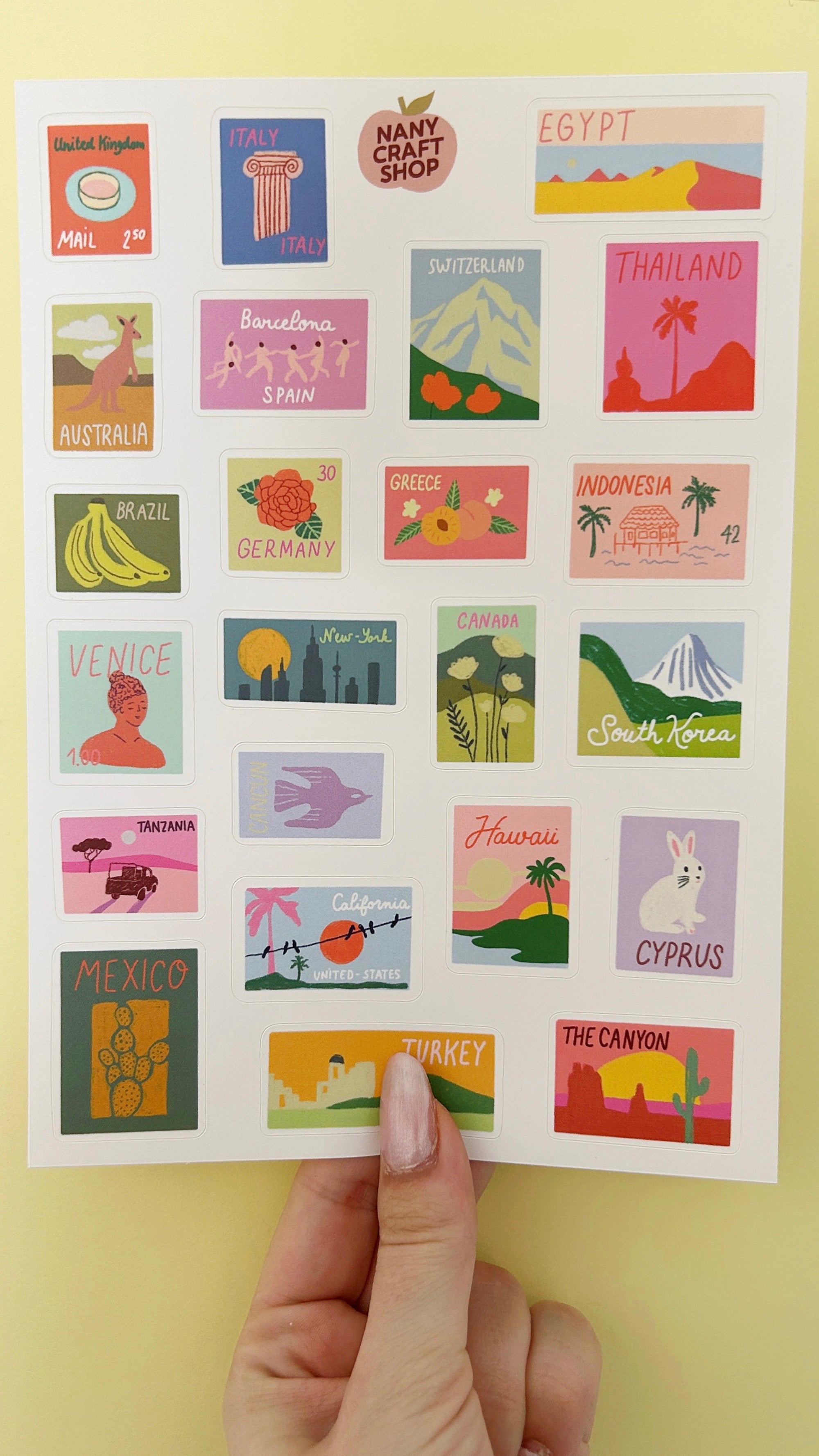 Planche stickers timbres du monde A5 🌍