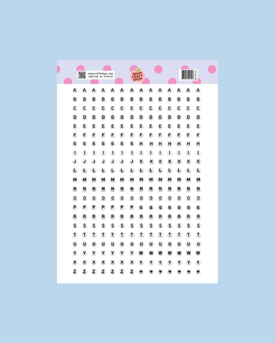 Planche de stickers A5 alphabet en perles, lettres A‑Z en pastilles noires