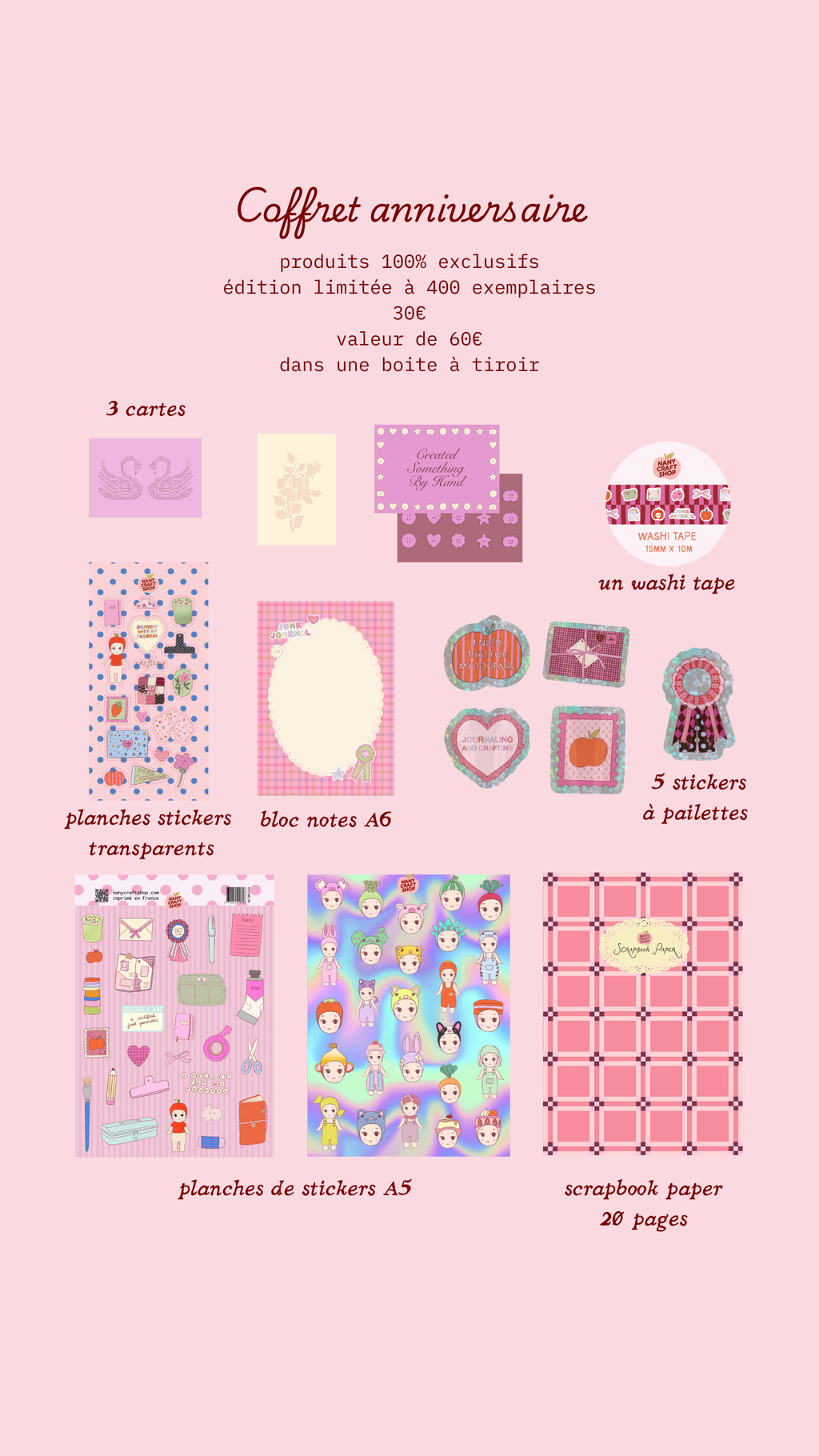 Coffret anniversaire avec stickers, washi tape et papier scrapbooking 20 pages