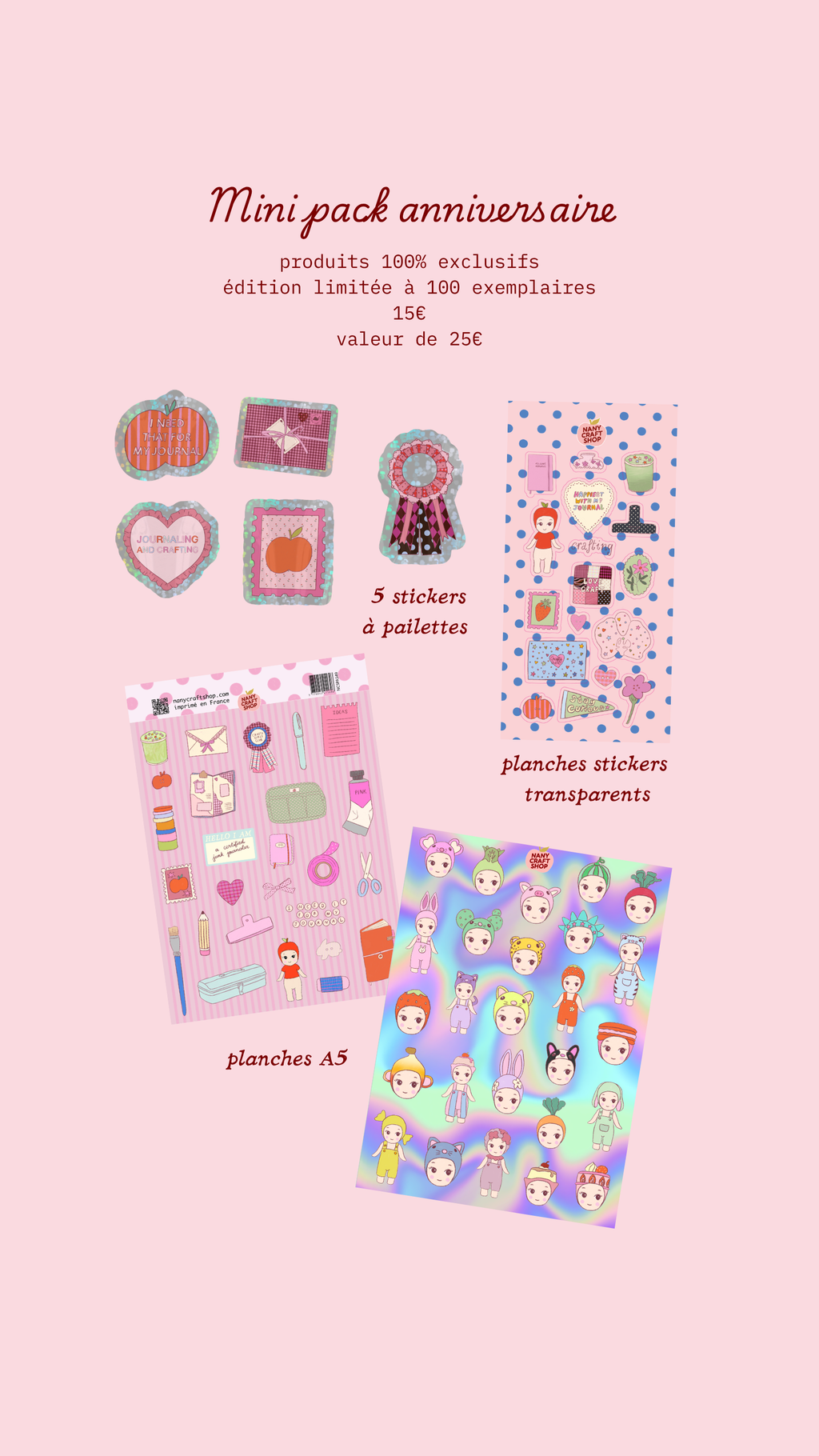 Mini coffret anniversaire contenant planches de stickers et autocollants pailletés