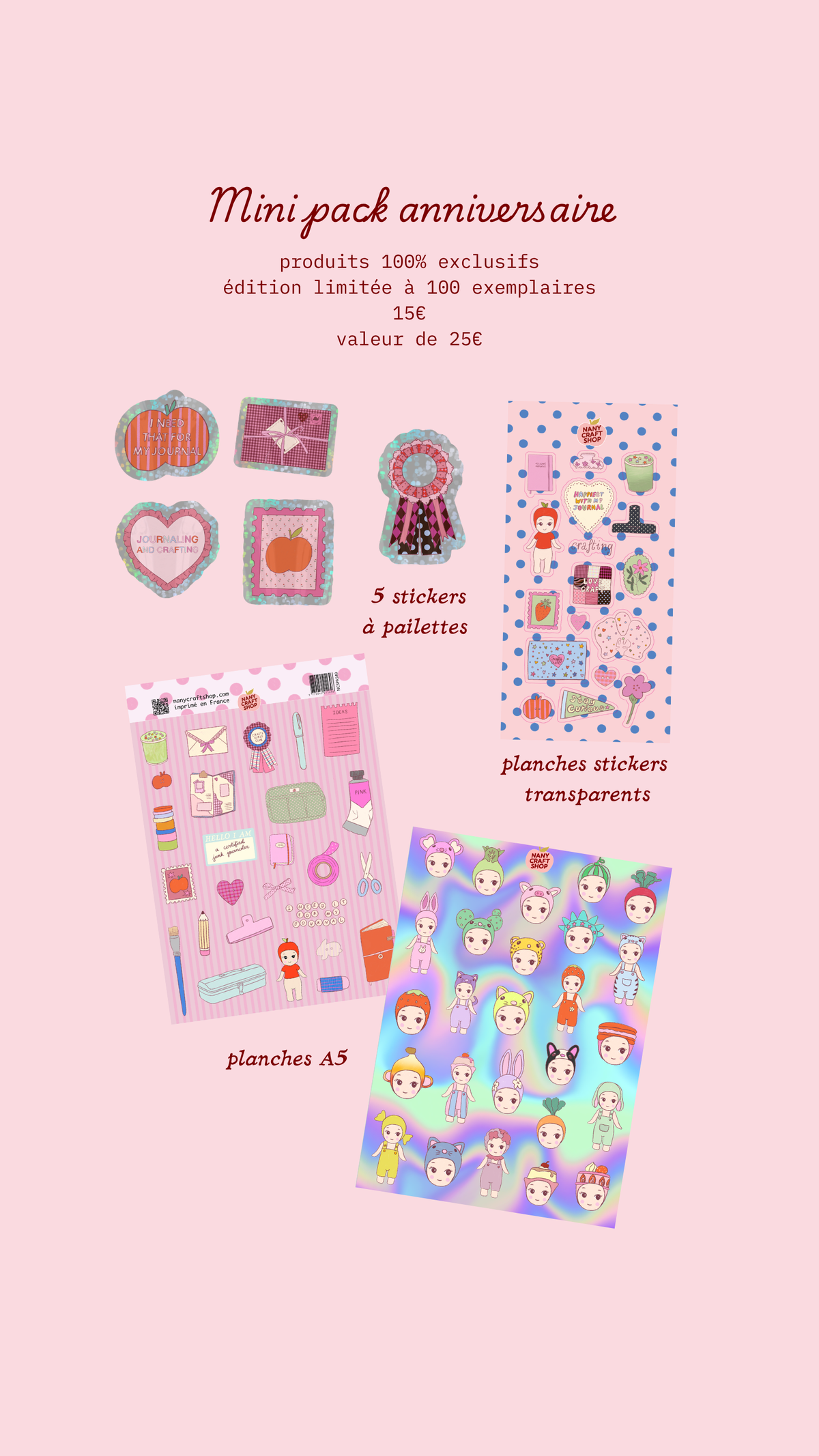 Mini coffret anniversaire contenant planches de stickers et autocollants pailletés