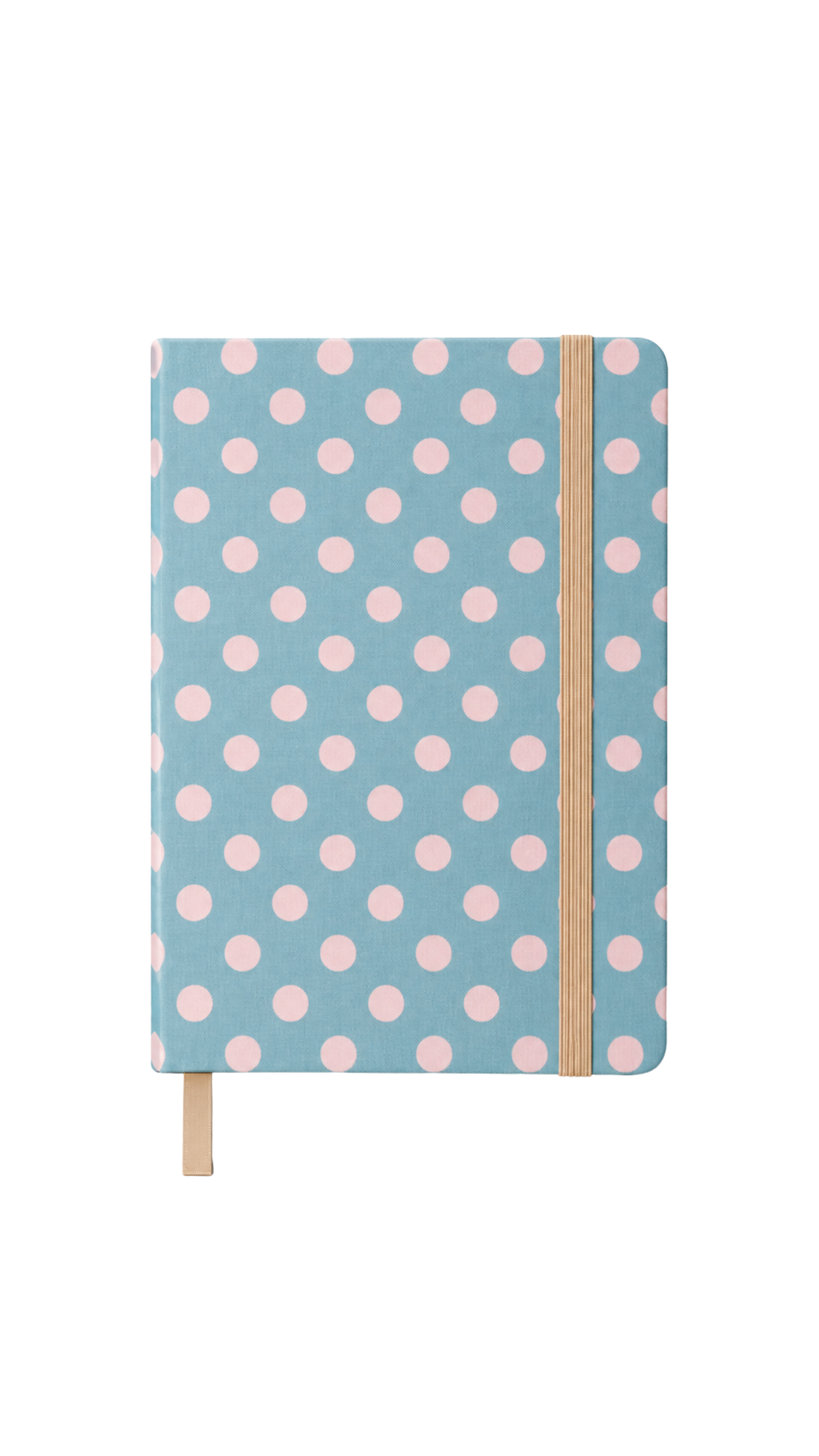 Carnet de journaling bleu à pois roses avec élastique beige et marque-page. Création Nany Craft Shop pour la collection tous les produits