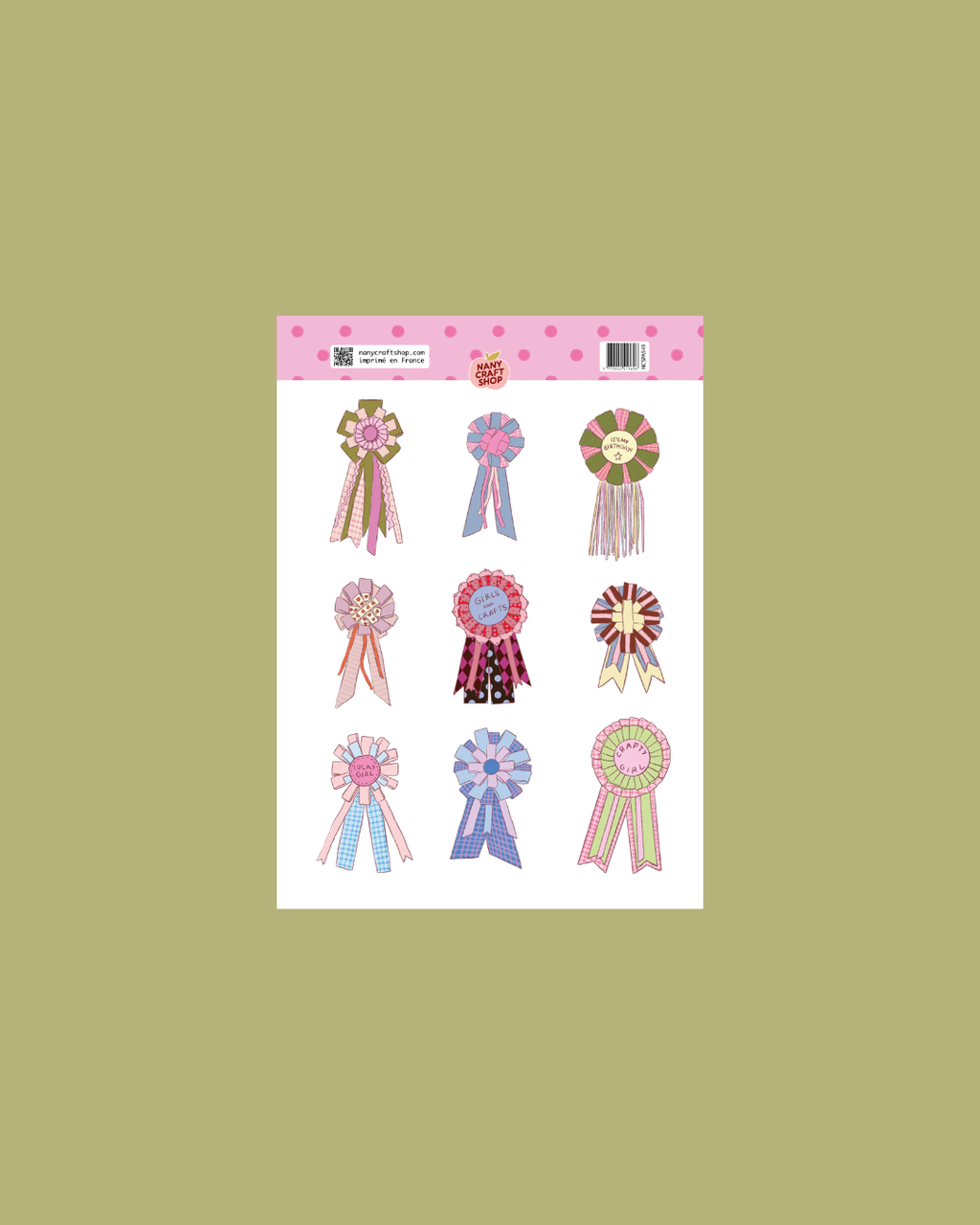 Planche de neuf stickers rosettes colorées avec rubans pour décorer carnets journaling et créations de papeterie Nany Craft Shop