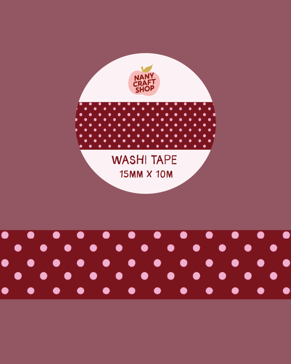 Ruban washi à pois bordeaux : bobine et bande décorative, 15 mm x 10 m