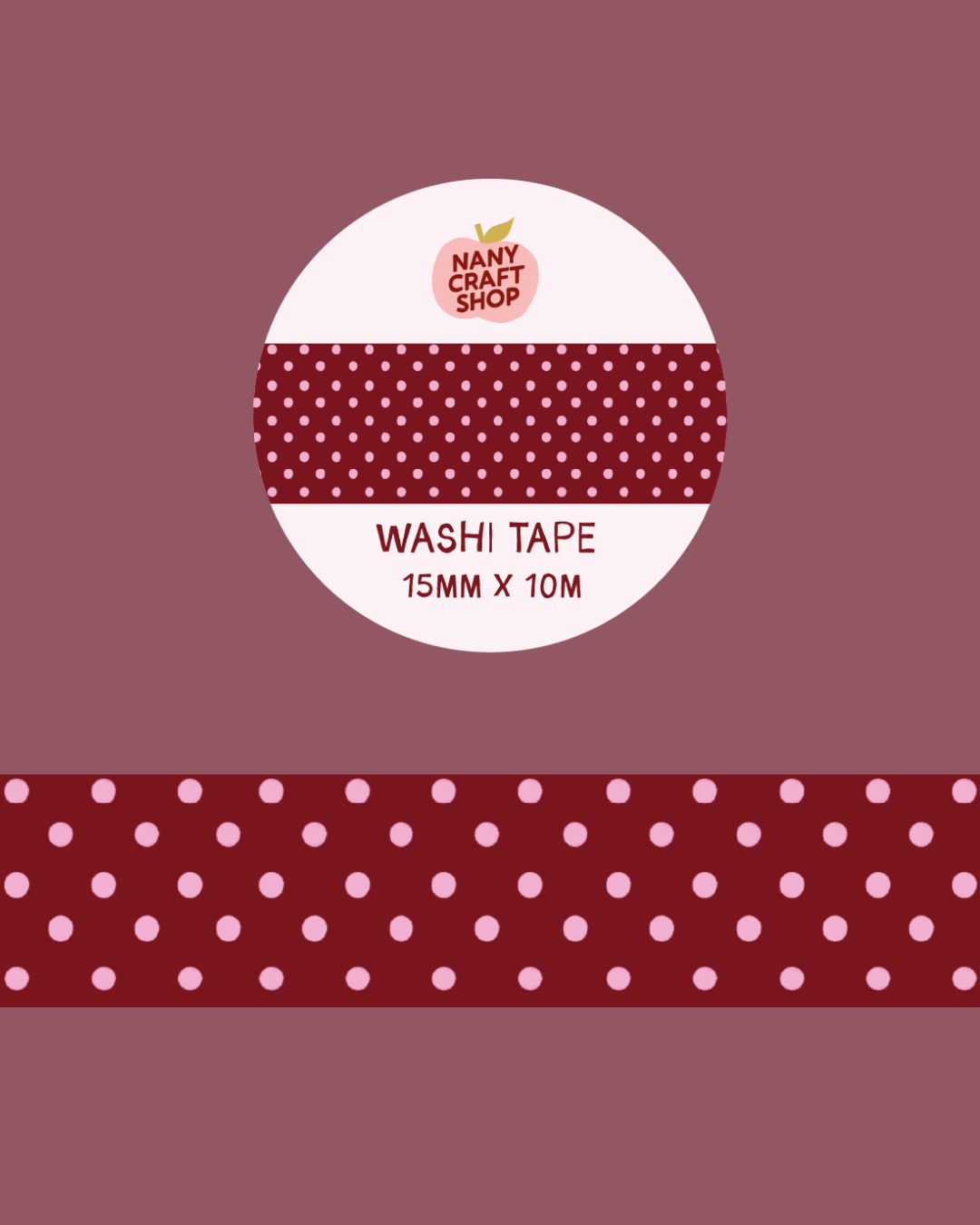 Ruban washi à pois bordeaux : bobine et bande décorative, 15 mm x 10 m