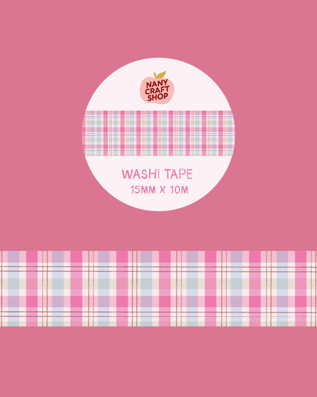 Ruban adhésif washi vichy rose et bleu en rouleau, motif carreaux