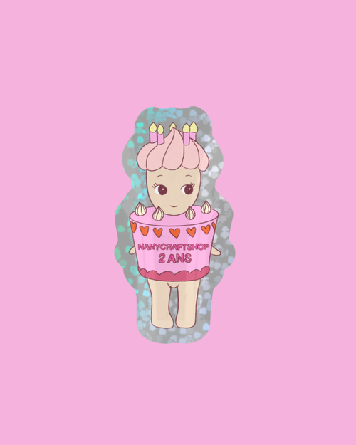 Sticker anniversaire 2 ans avec fillette, bougies et cœurs