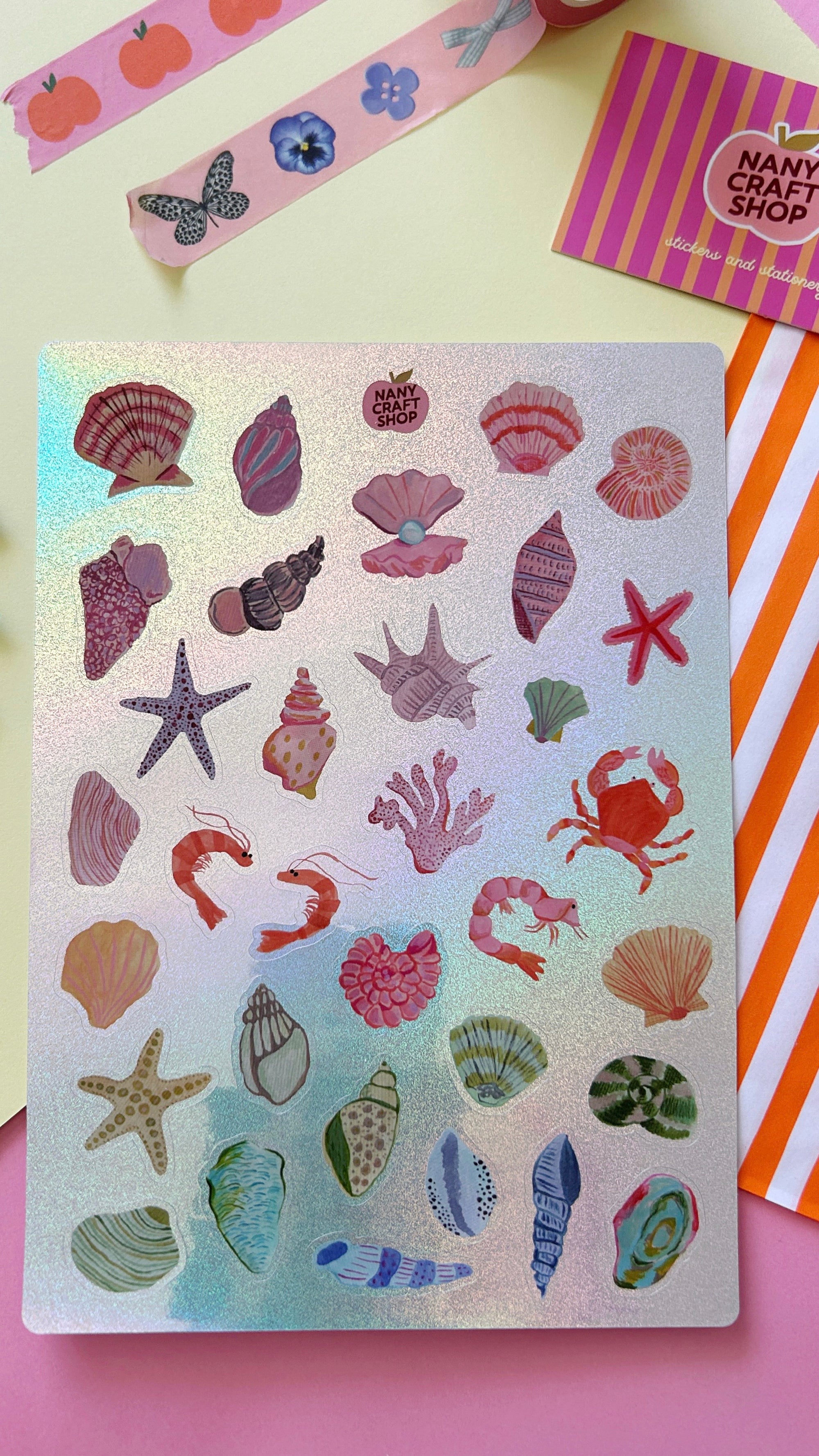 Planche stickers coquillages à paillettes A5 ✨