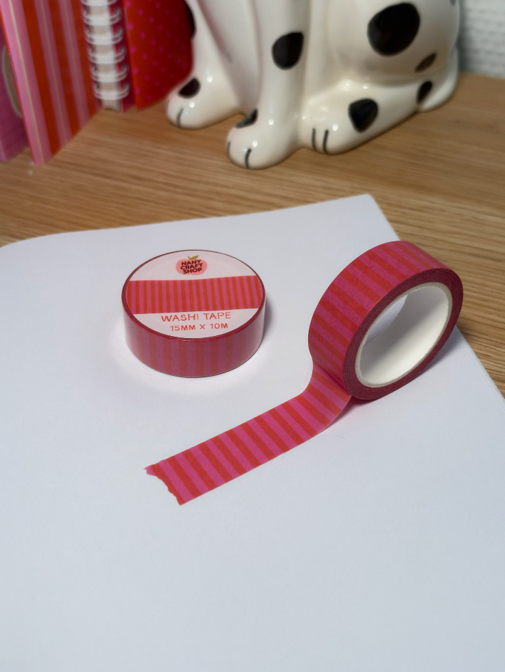 Rouleau de washi tape grenadine à rayures roses et rouges, ruban déployé