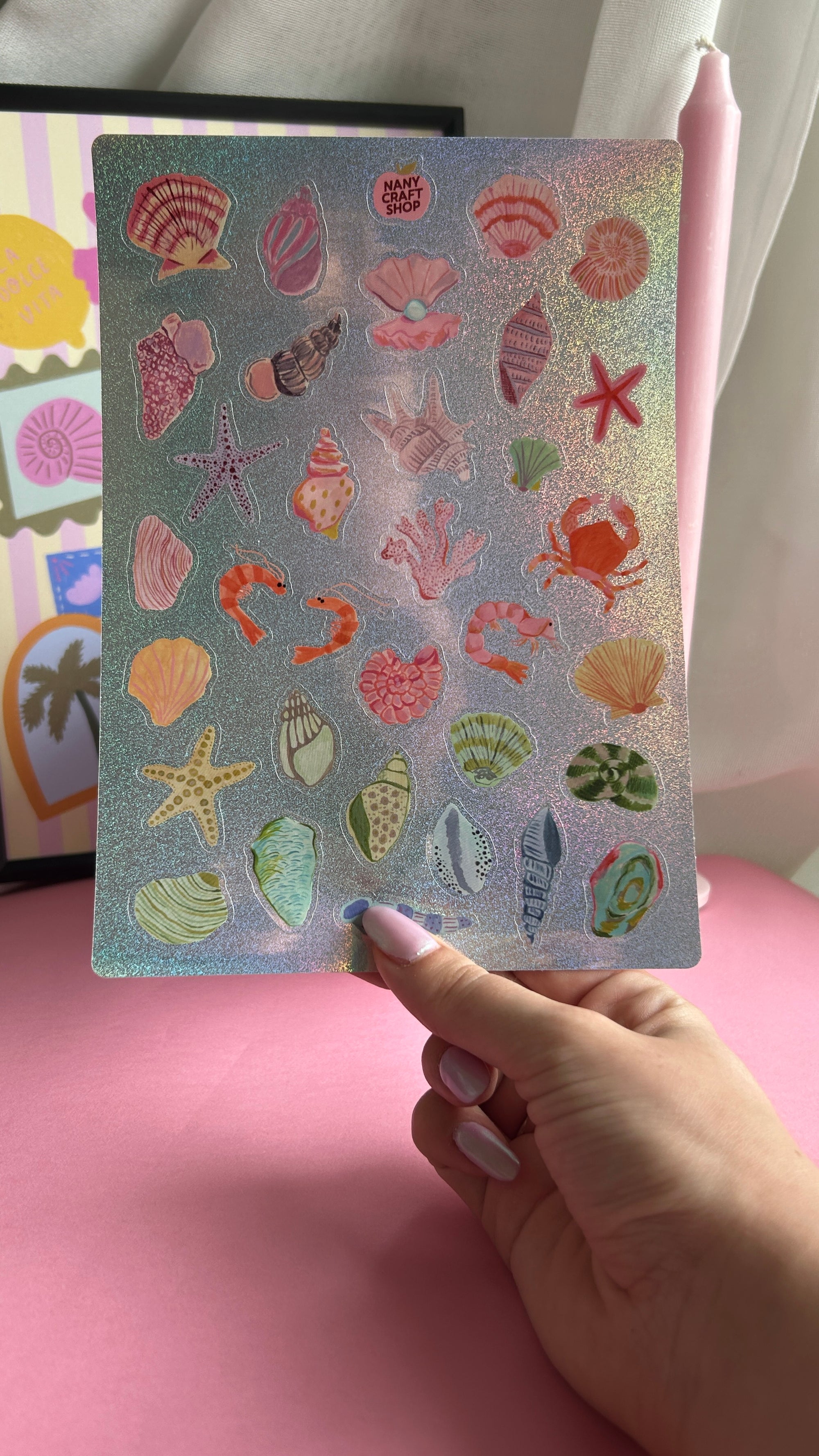 Planche stickers coquillages à paillettes A5 ✨