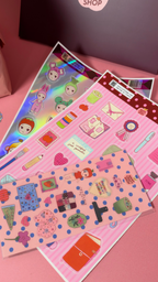 Coffret de papeterie rose avec feuilles de stickers colorés et accessoires illustrés présenté par Nany Craft Shop