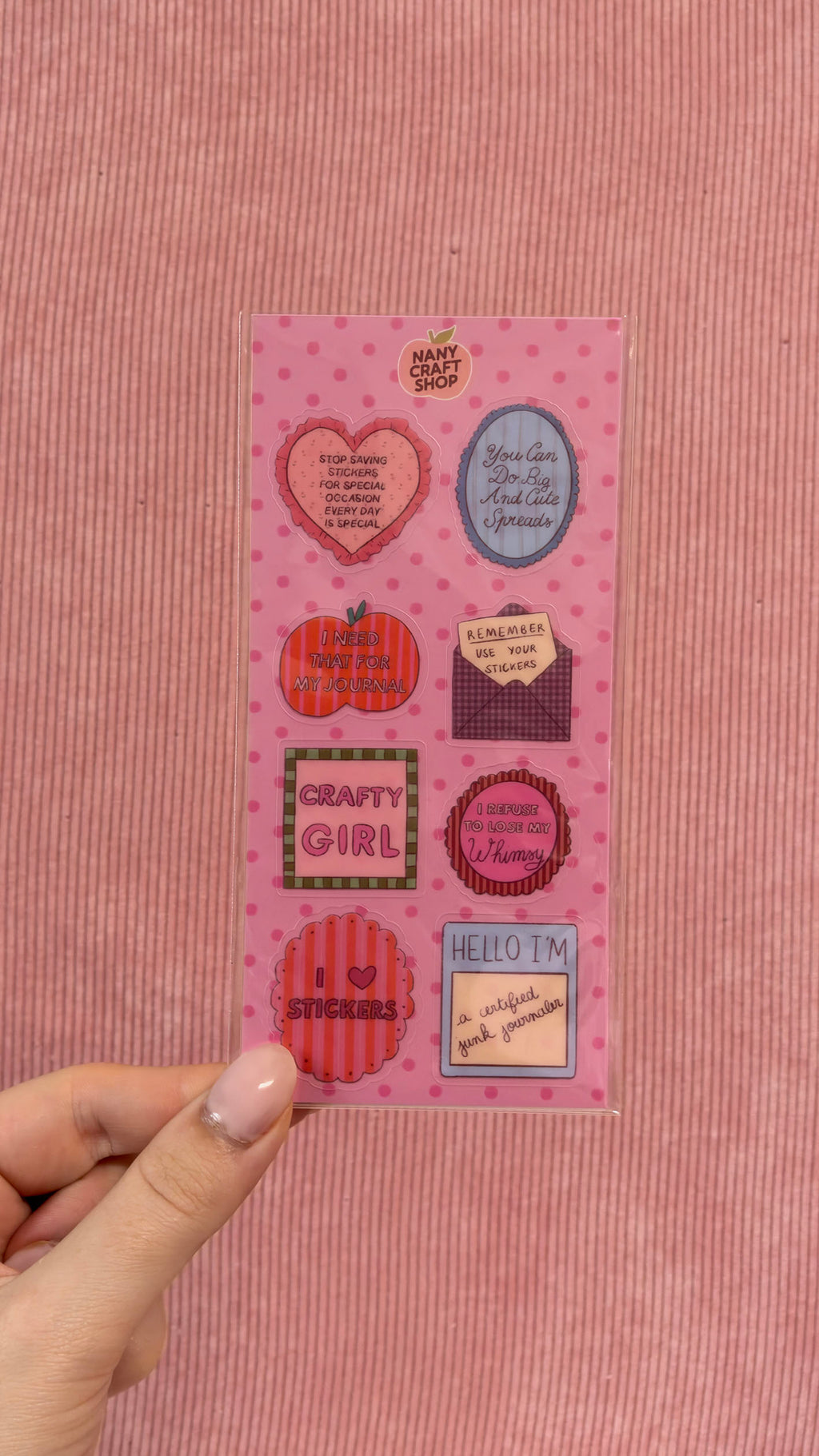 Planche transparente de stickers roses aux messages créatifs pour journaling et papeterie par Nany Craft Shop.