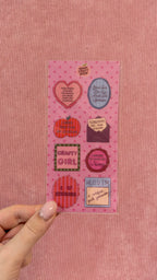 Planche transparente de stickers roses aux messages créatifs pour journaling et papeterie par Nany Craft Shop.