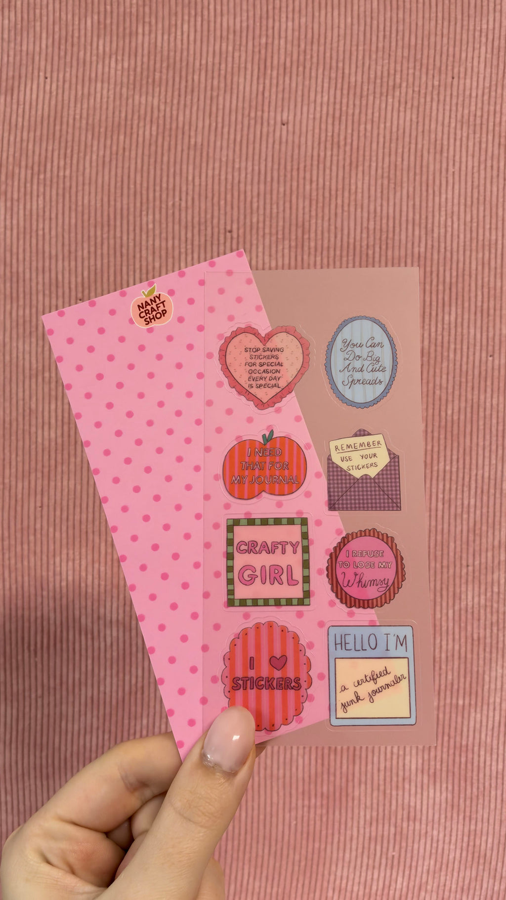 Planche transparente de stickers roses avec motifs et messages Crafty Girl pour journaling et papeterie par Nany Craft Shop