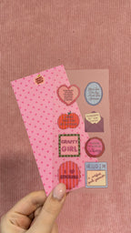 Planche transparente de stickers roses avec motifs et messages Crafty Girl pour journaling et papeterie par Nany Craft Shop
