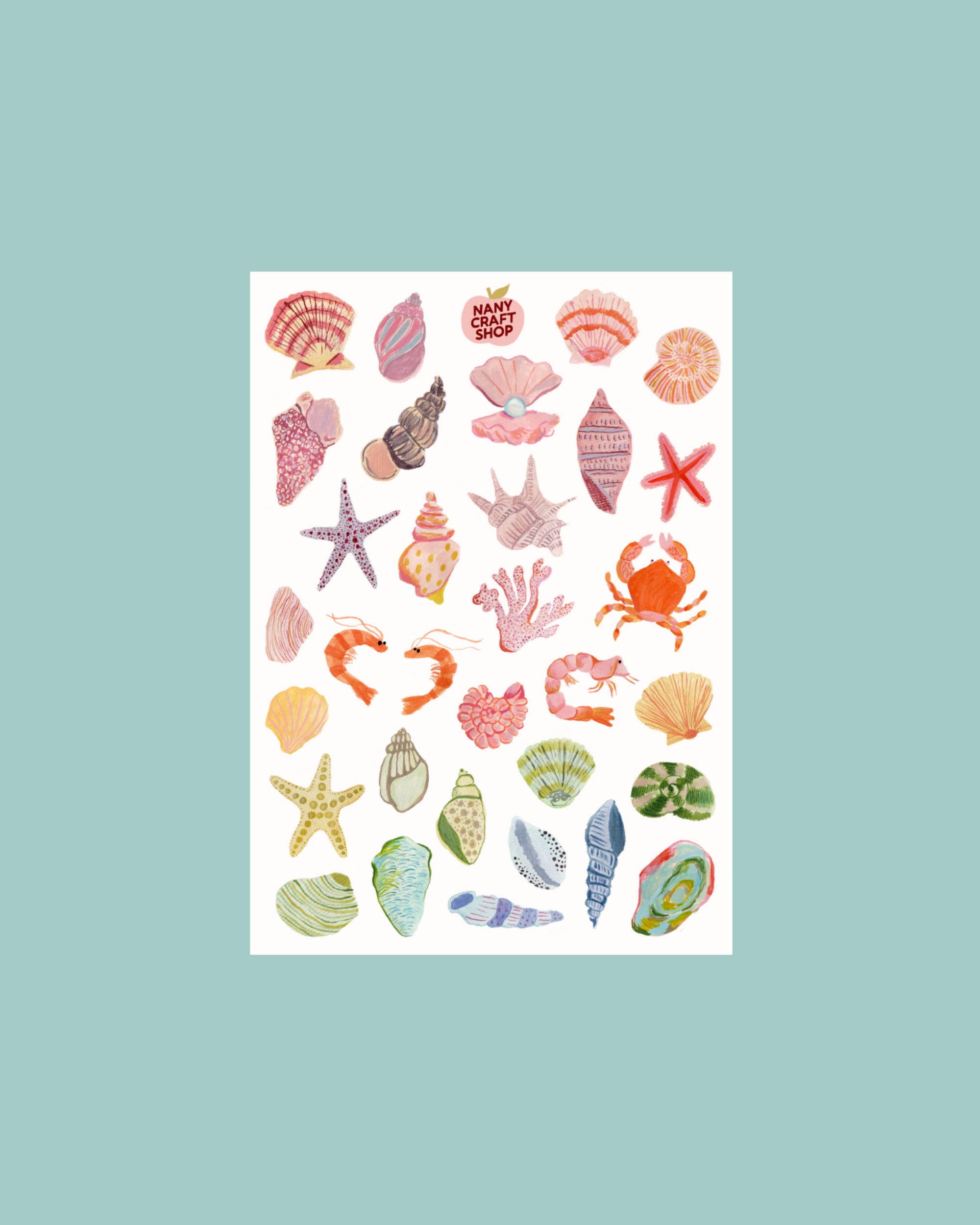 Planche stickers coquillages à paillettes A5 ✨