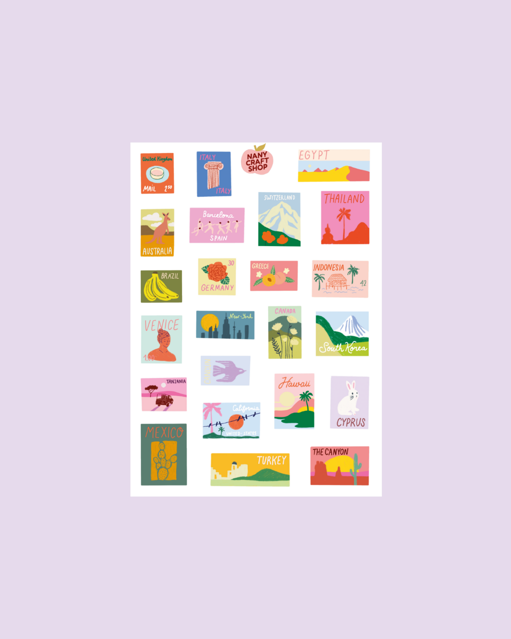 Planche stickers timbres du monde A5 🌍