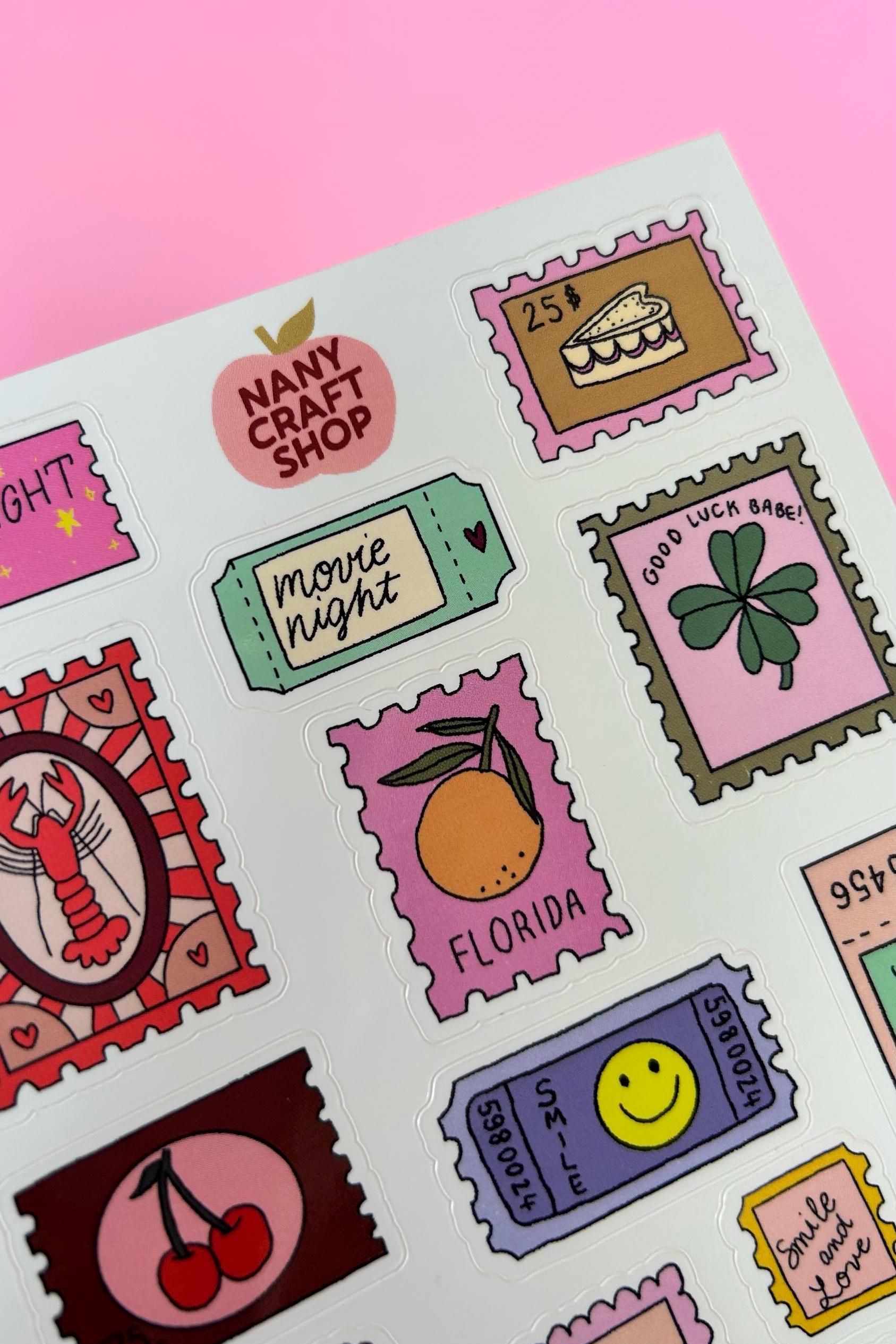 Feuille d'autocollants timbres A6 - Autocollants de journal, scrapbooking, junk journal, bullet journal - stickers, cute