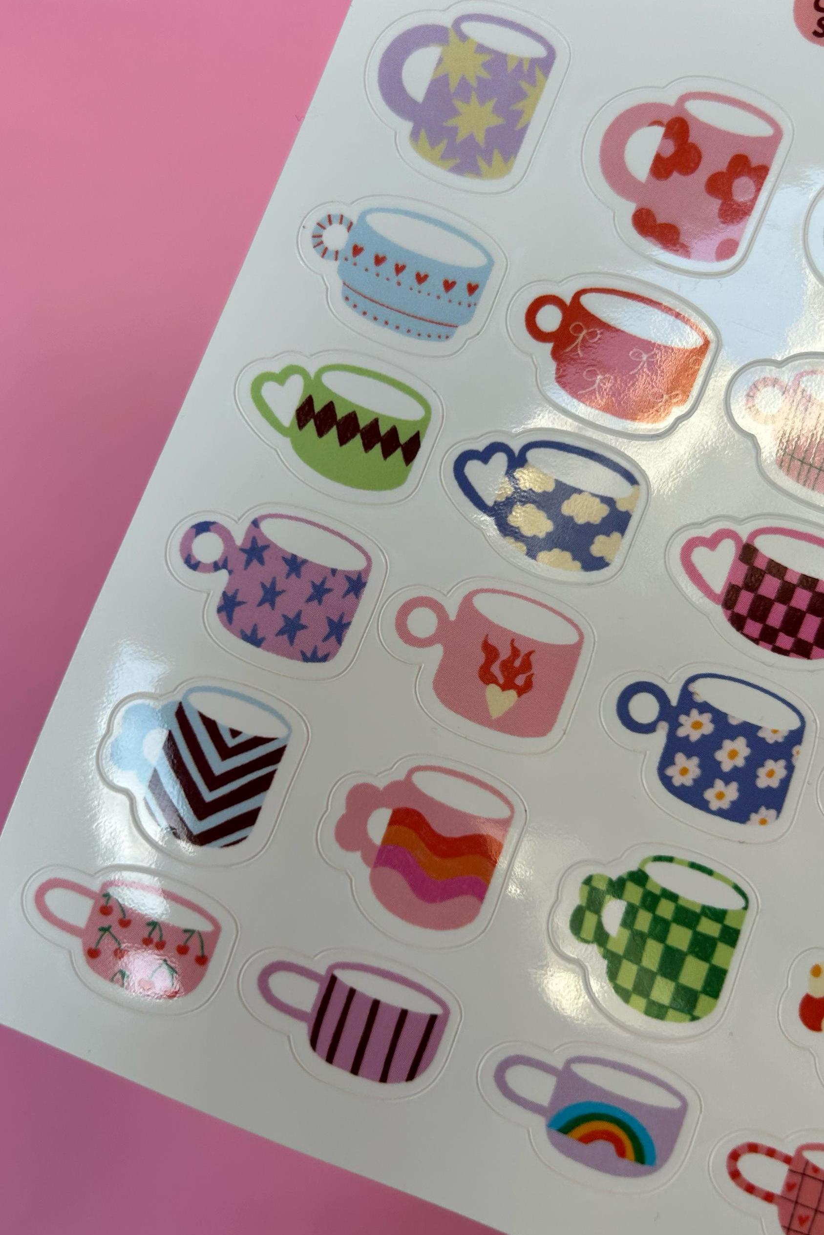 Feuille d'autocollants mugs à motifs A6 - Autocollants de journal, scrapbooking, junk journal, bullet journal - stickers, cute